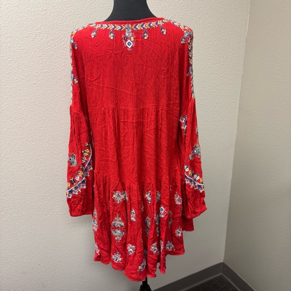 Free People Red Embroidered Boho Tunic Top Hi Low Festival Chic - Picture 5 of 10